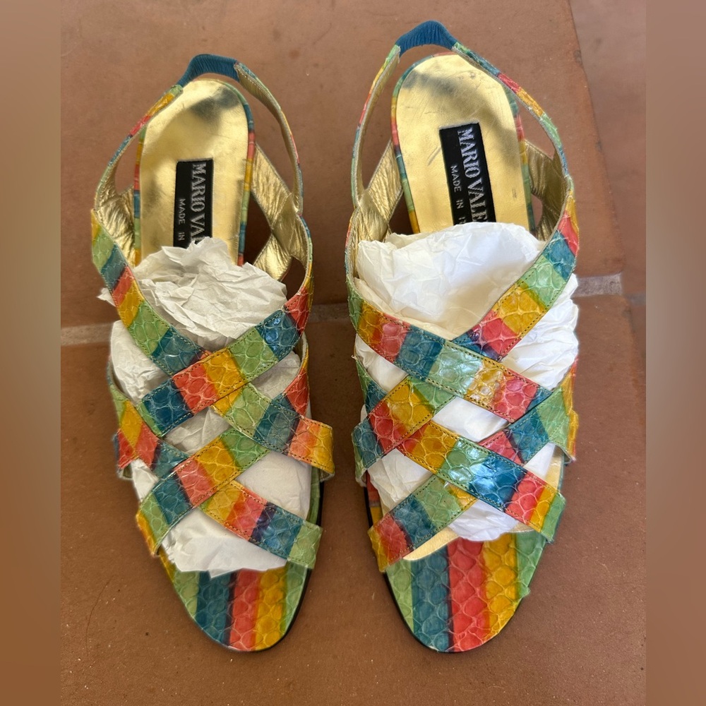 Mario Valentino multi colored snakeskin slingback sandal w/ 1.5” wedge. size 6.5